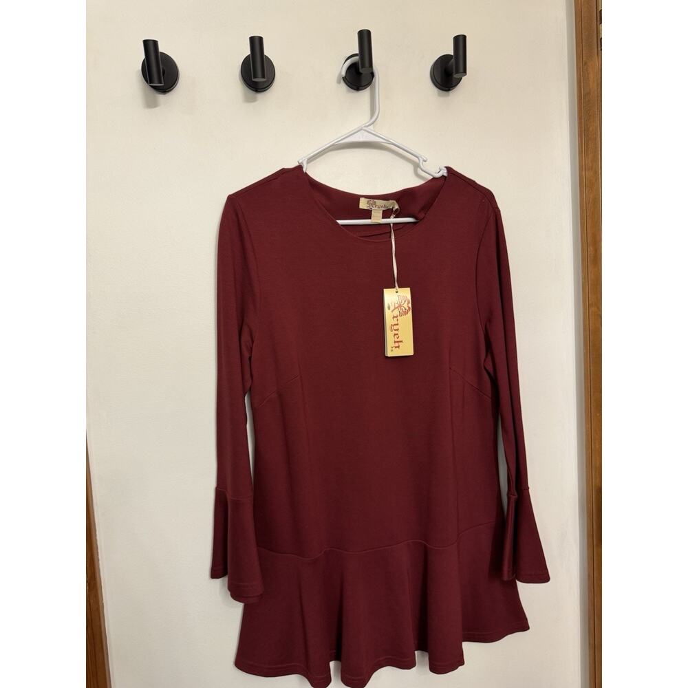 Aryeh Maroon Wine Colored Tunic Top Long Sleeve Stretch Long Size Large NWT $36